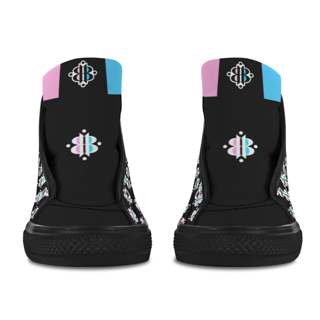 BOOJI INVERTED LOGO PATTERN FLAG TONGUE BLACK Vancouver High Top Canvas Men's Shoes (Model1013-1)