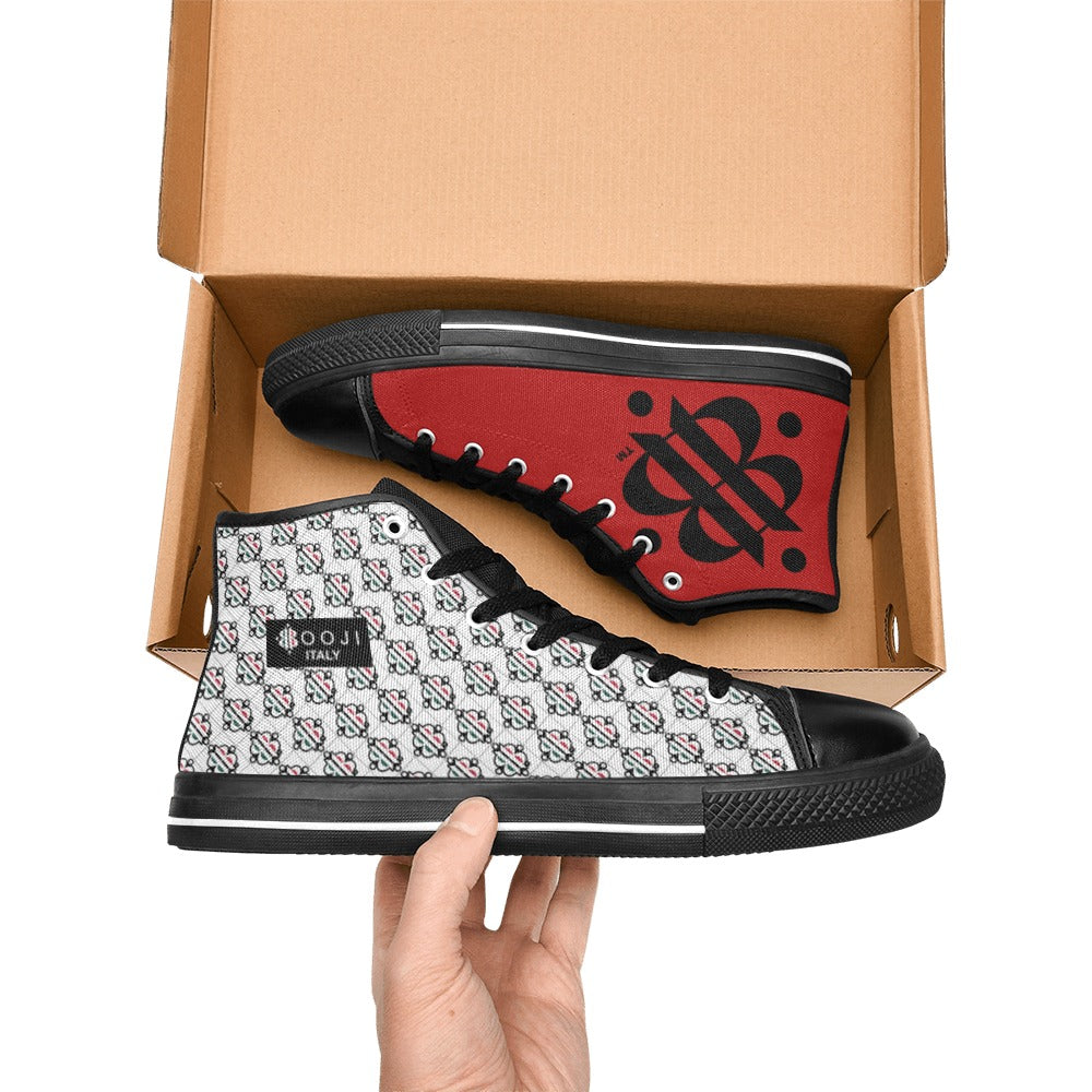 BOOJI LOGO PATTERN FLAG BLACK & WHITE Women's High Top Canvas Shoes (Modle 017)