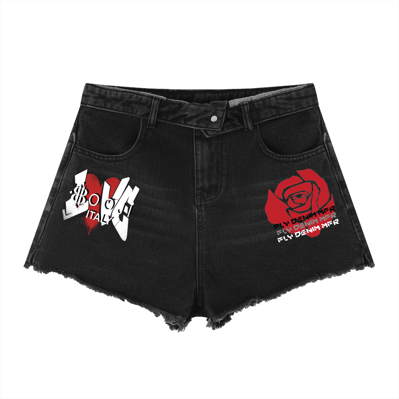 BOOJI ITALY "LOVE ROSE" LOGO WOMENS VINTAGE WASH HIGH RISE SHORTS