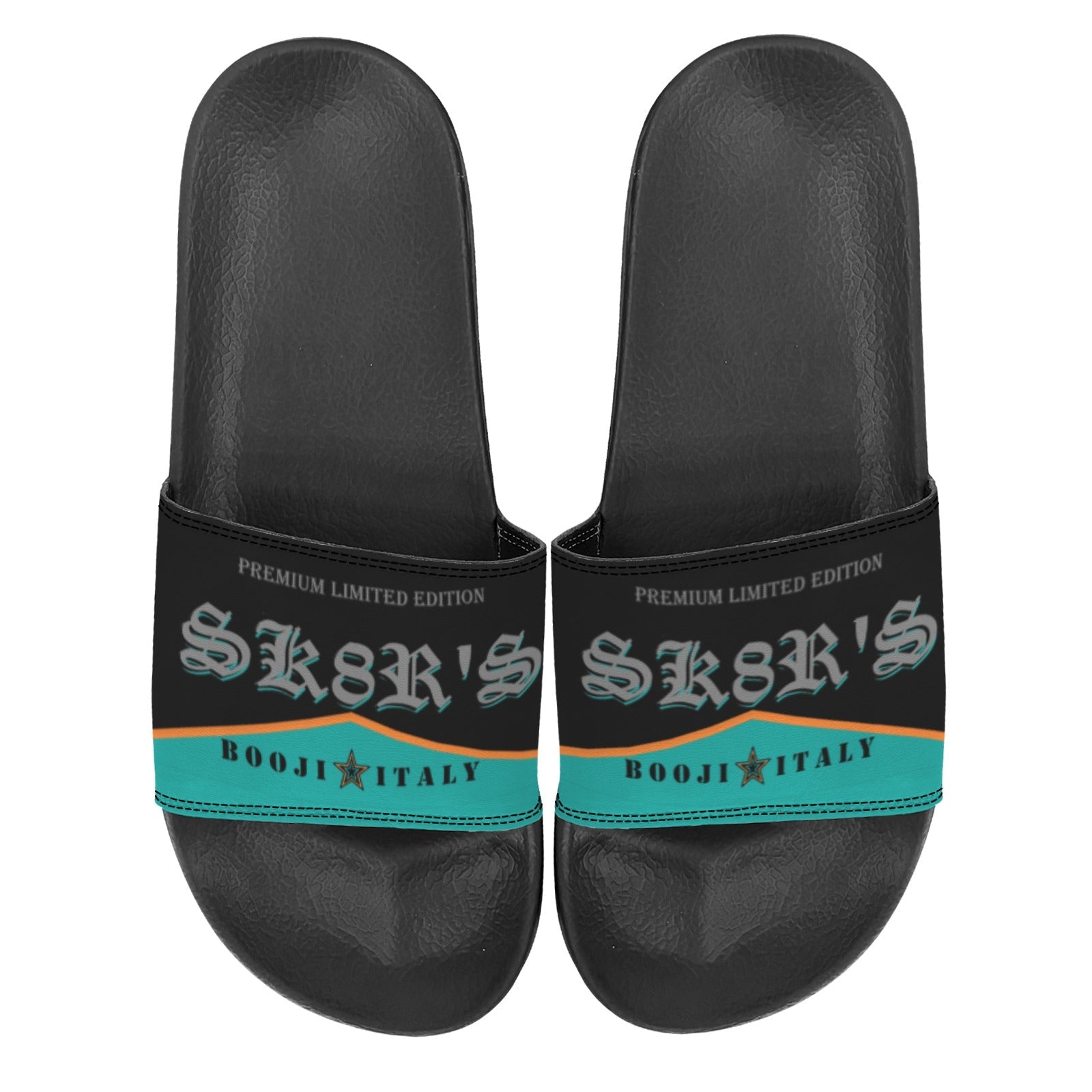 BOOJI ITALY SK8R'S COLLECTION LOGO MEN'S BLACK SOLE TEAL SLIDES Custom Men's One-piece Slippers
