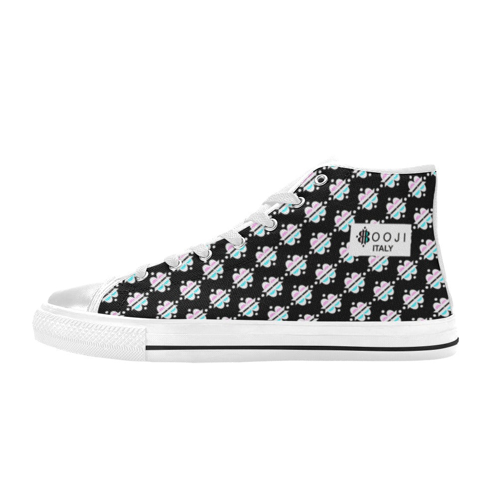 BOOJI INVERTED LOGO PATTERN FLAG WHITE & BLACK Women's High Top Canvas Shoes (Modle 017)