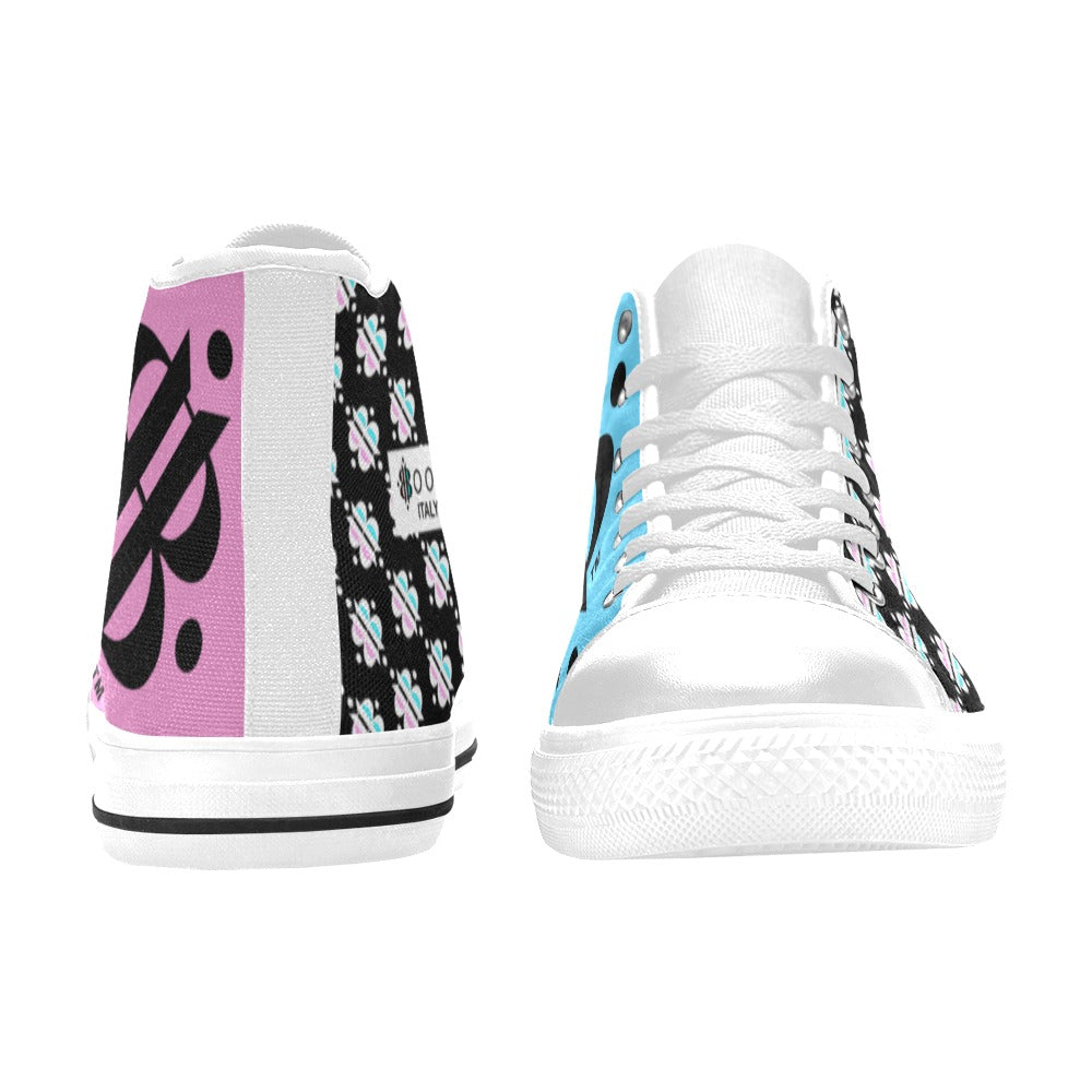 BOOJI INVERTED LOGO PATTERN FLAG WHITE & BLACK Women's High Top Canvas Shoes (Modle 017)