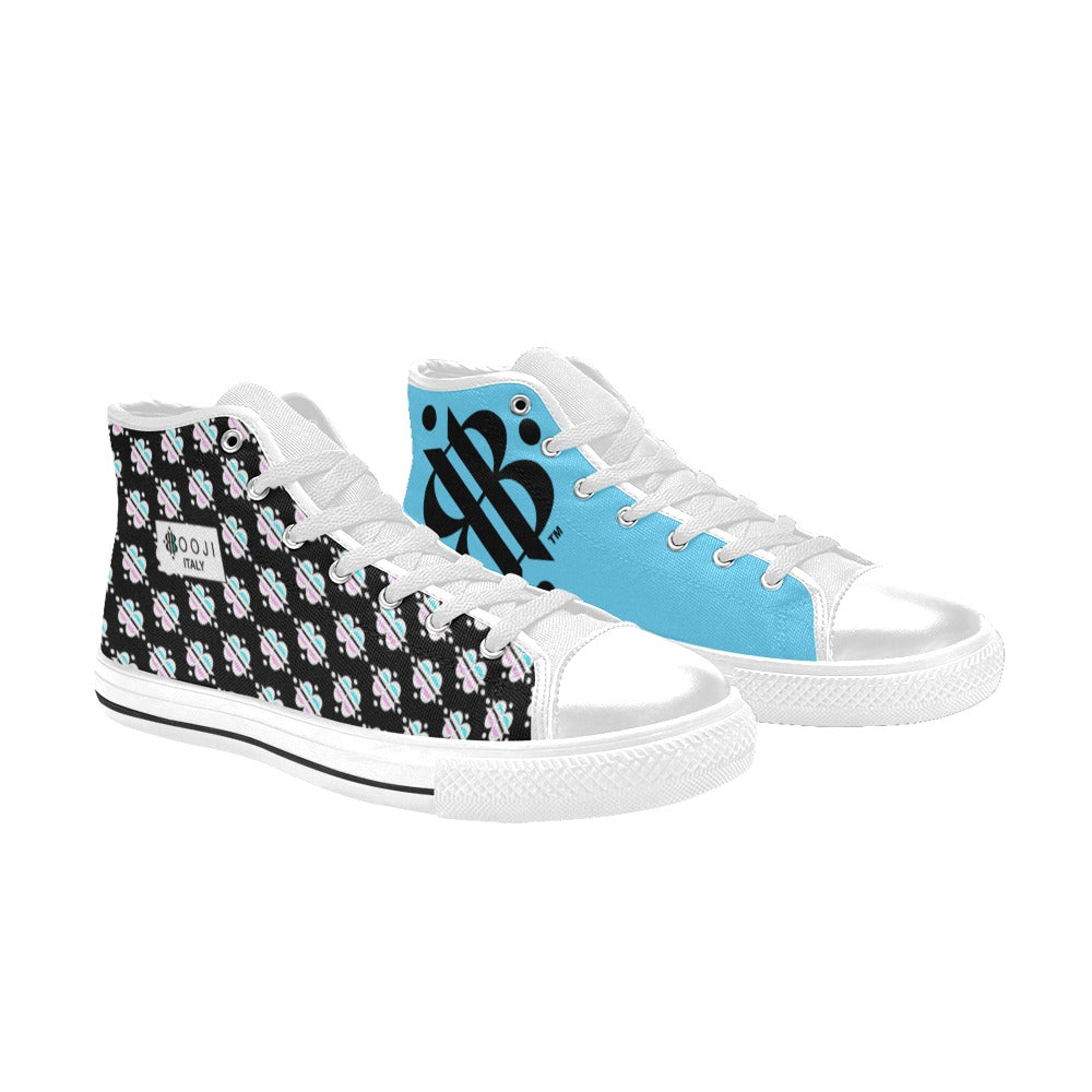 BOOJI INVERTED LOGO PATTERN FLAG WHITE & BLACK Women's High Top Canvas Shoes (Modle 017)