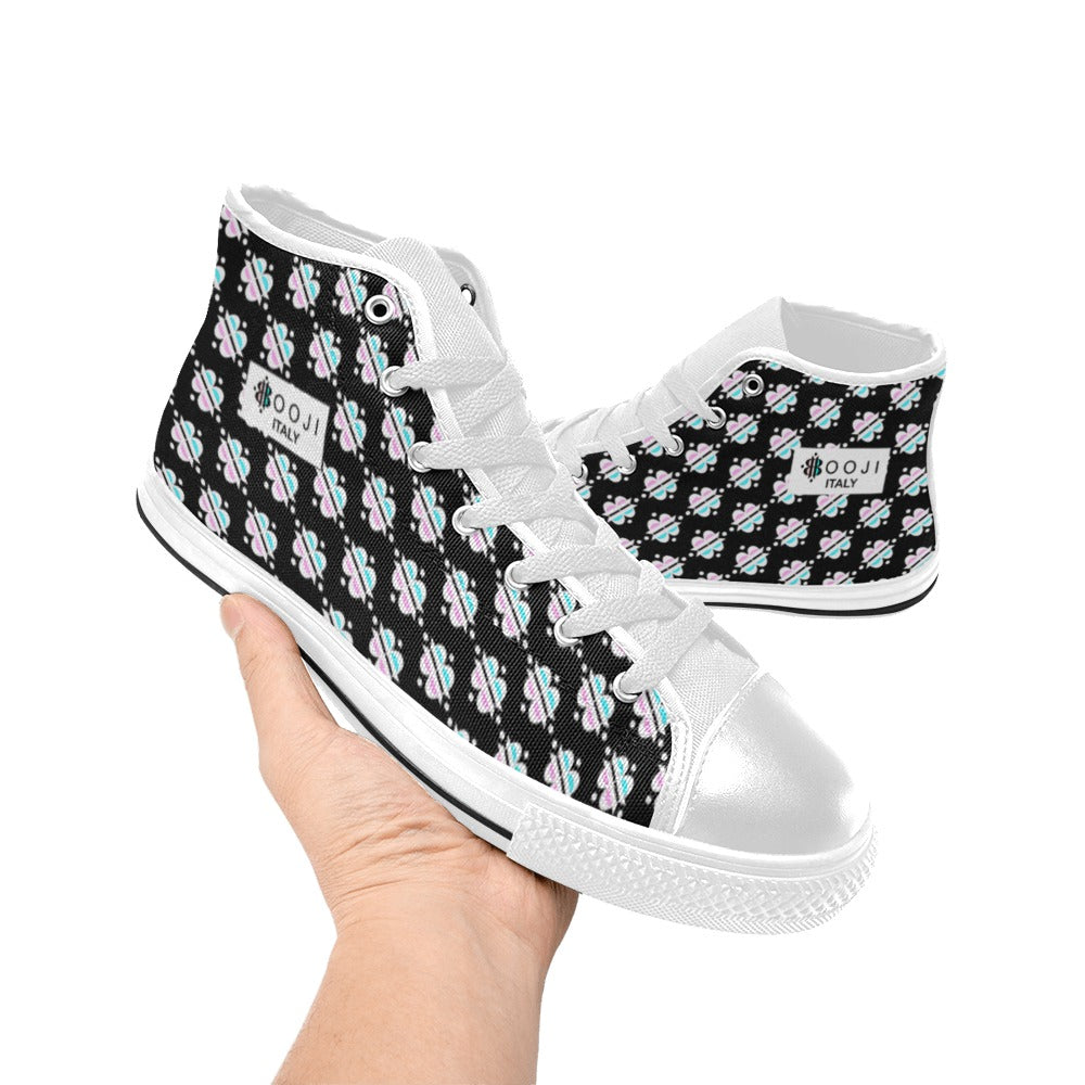 BOOJI INVERTED LOGO PATTERN FLAG WHITE & BLACK Women's High Top Canvas Shoes (Modle 017)