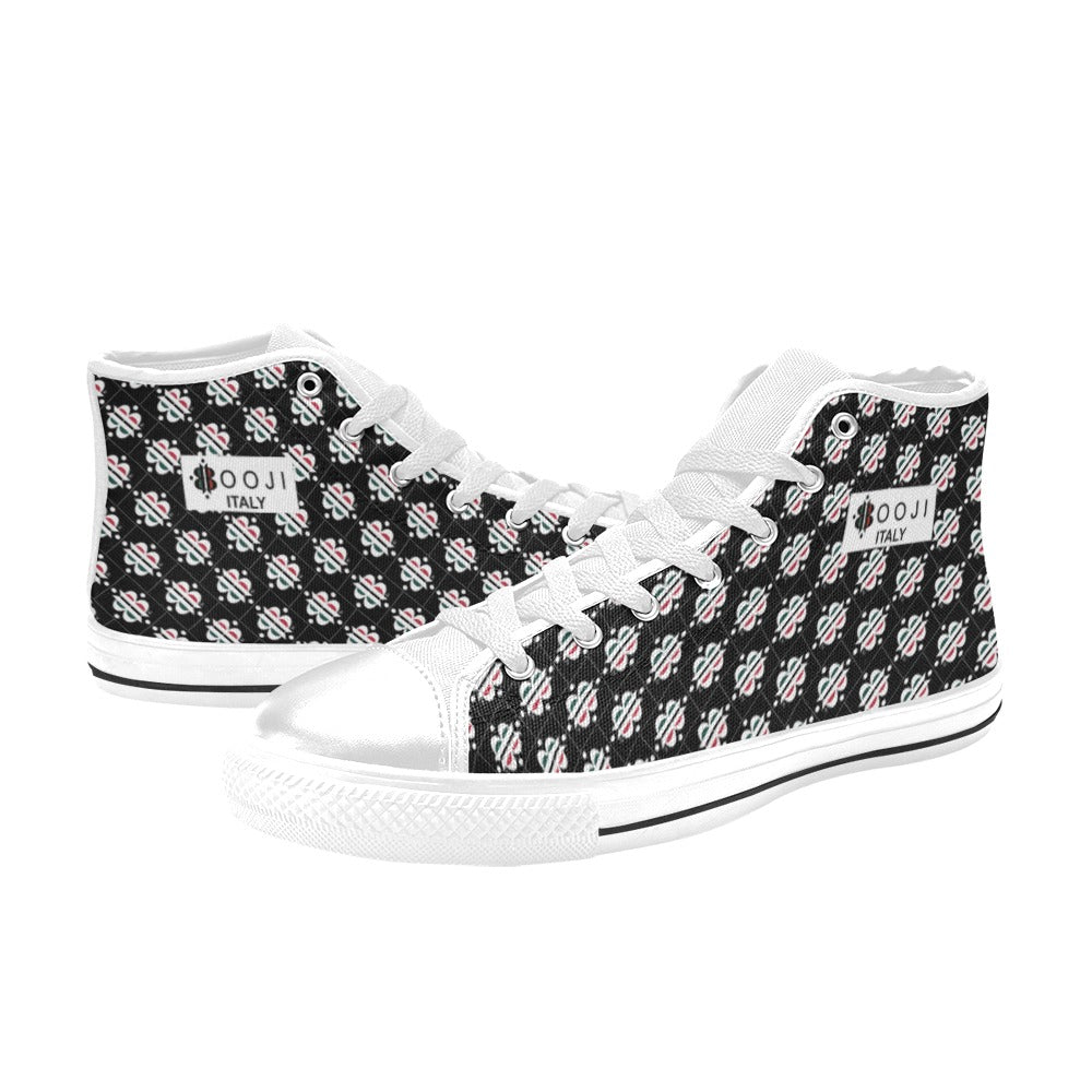 BOOJI LOGO PATTERN FLAG WHITE & BLACK Women's High Top Canvas Shoes (Modle 017)