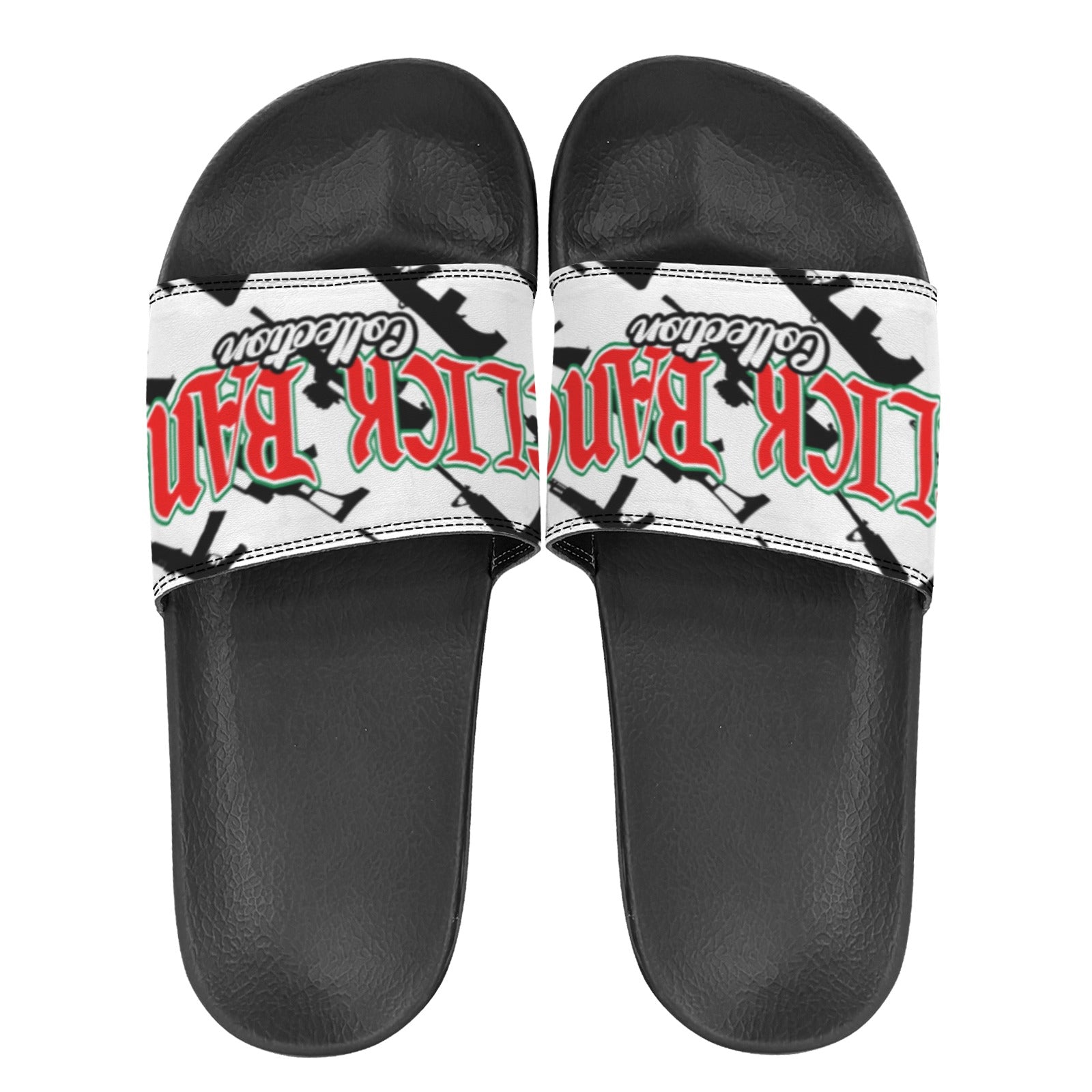CLICK BANG COLLECTION WOMEN'S BLACK SOLE WHITE PATTERN SLIDES