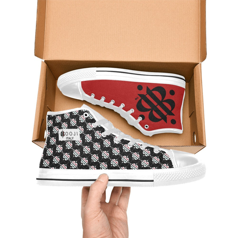 BOOJI LOGO PATTERN FLAG WHITE & BLACK Women's High Top Canvas Shoes (Modle 017)