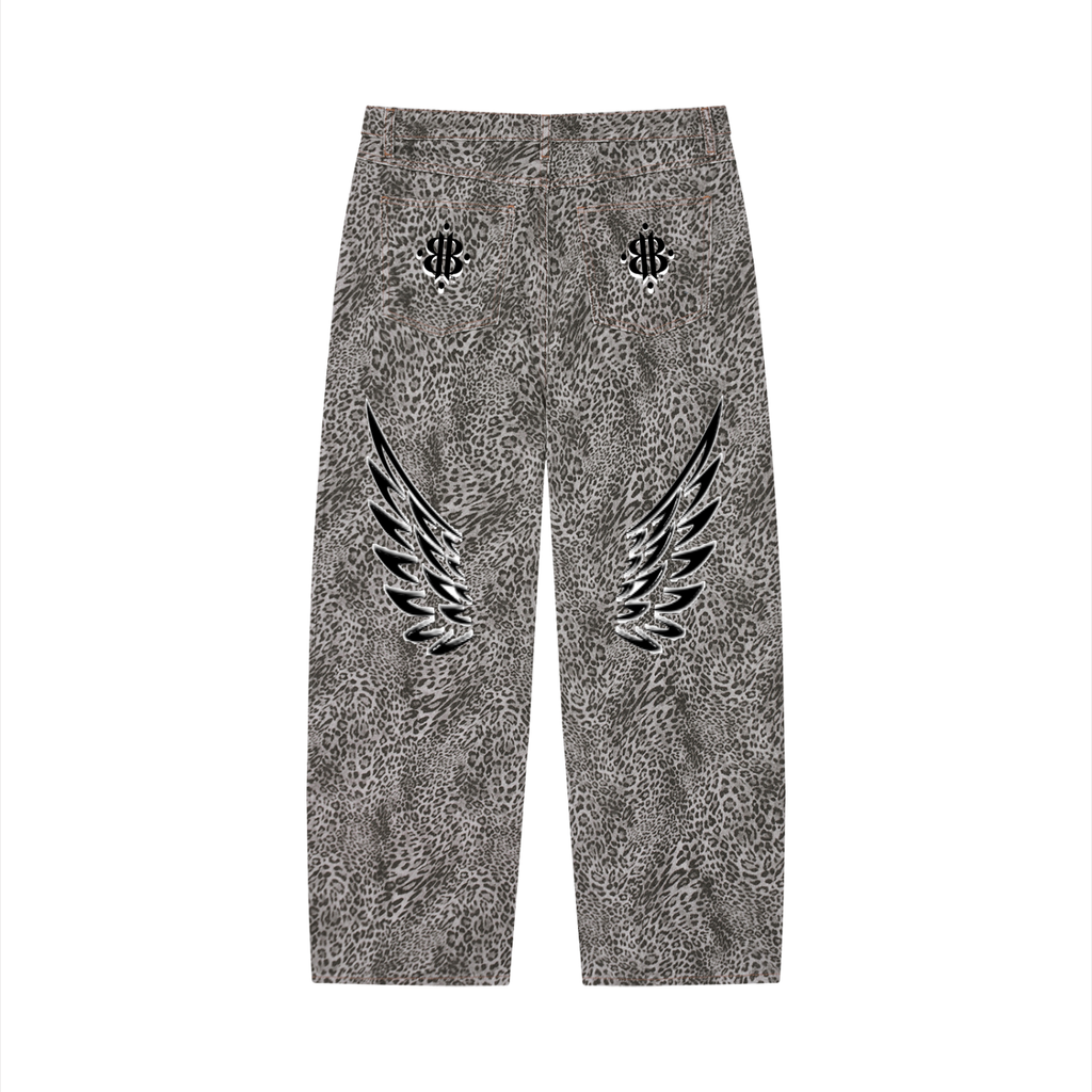 BOOJI ITALY FLY DENIM MFR. COLLECTION MEN'S LEOPARD PATTERN WIDE LEG JEANS