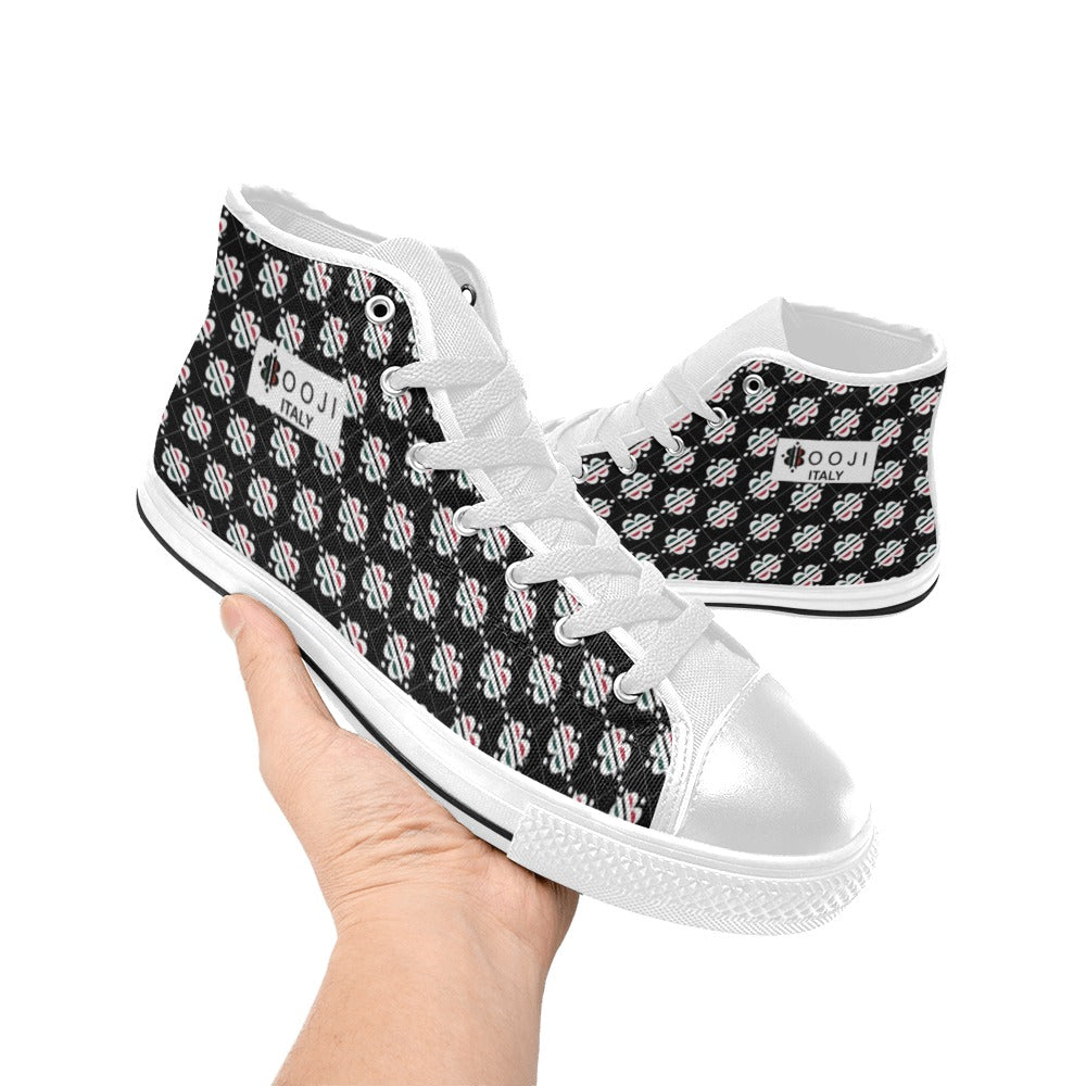 BOOJI LOGO PATTERN FLAG WHITE & BLACK Women's High Top Canvas Shoes (Modle 017)