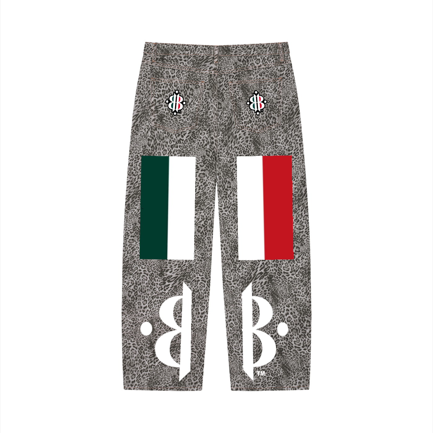 BOOJI ITALY "FLY DENIM MFR." VINTAGE WASHED LEOPARD PRINT WIDE JEANS