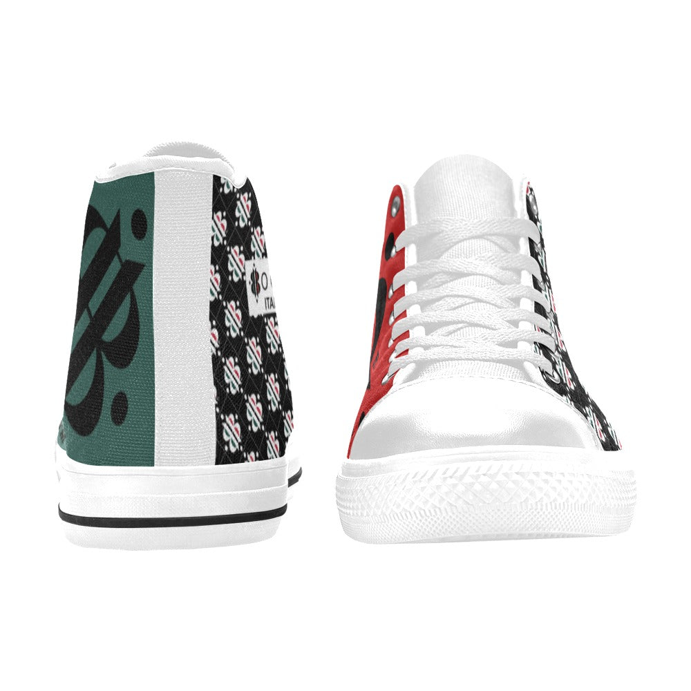BOOJI LOGO PATTERN FLAG WHITE & BLACK Women's High Top Canvas Shoes (Modle 017)