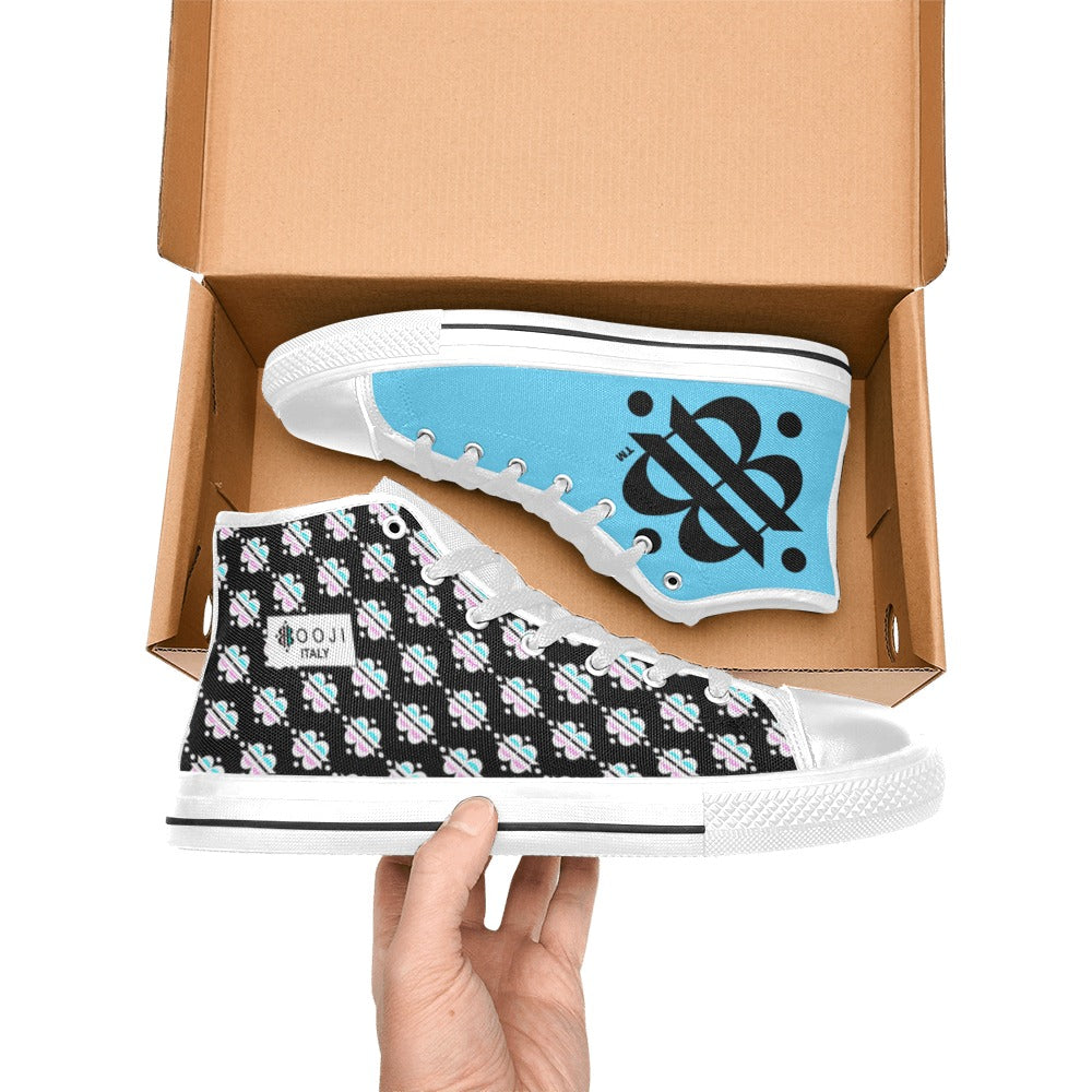BOOJI INVERTED LOGO PATTERN FLAG WHITE & BLACK Women's High Top Canvas Shoes (Modle 017)