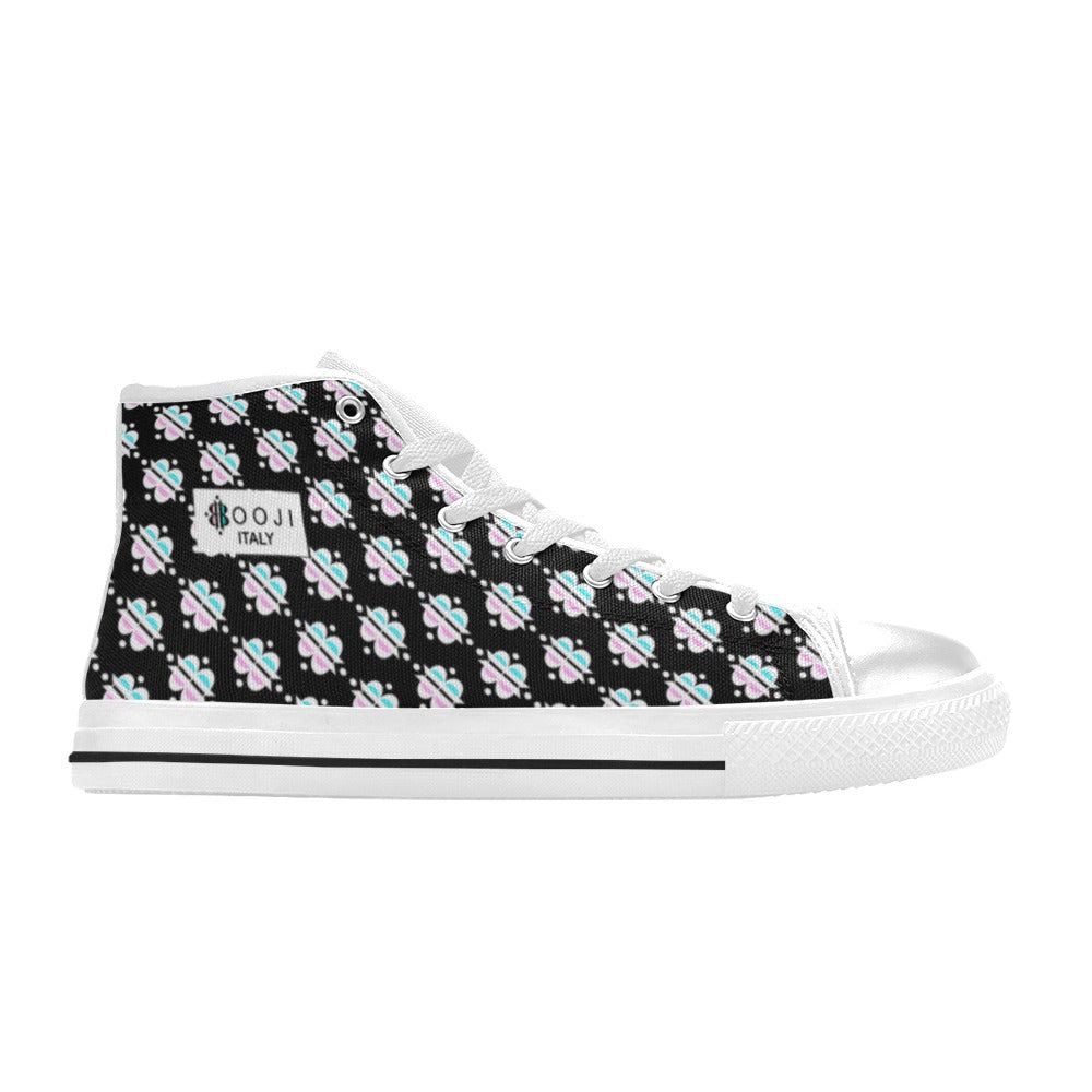 BOOJI INVERTED LOGO PATTERN FLAG WHITE & BLACK Women's High Top Canvas Shoes (Modle 017)