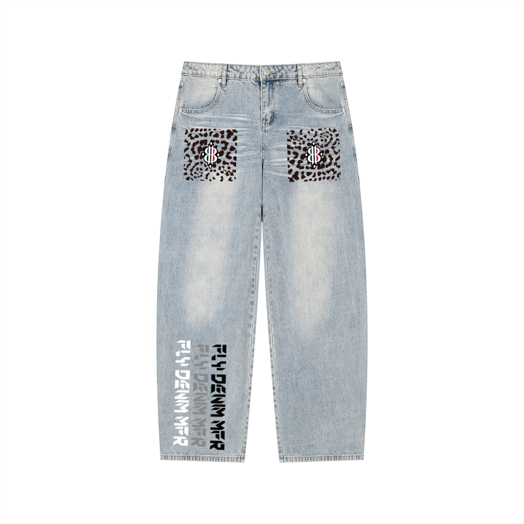 BOOJI ITALY "FLY DENIM MFR." WHITE WASH LEOPARD PRINT WIDE LEG JEANS