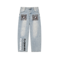 BOOJI ITALY "FLY DENIM MFR." WHITE WASH LEOPARD PRINT WIDE LEG JEANS