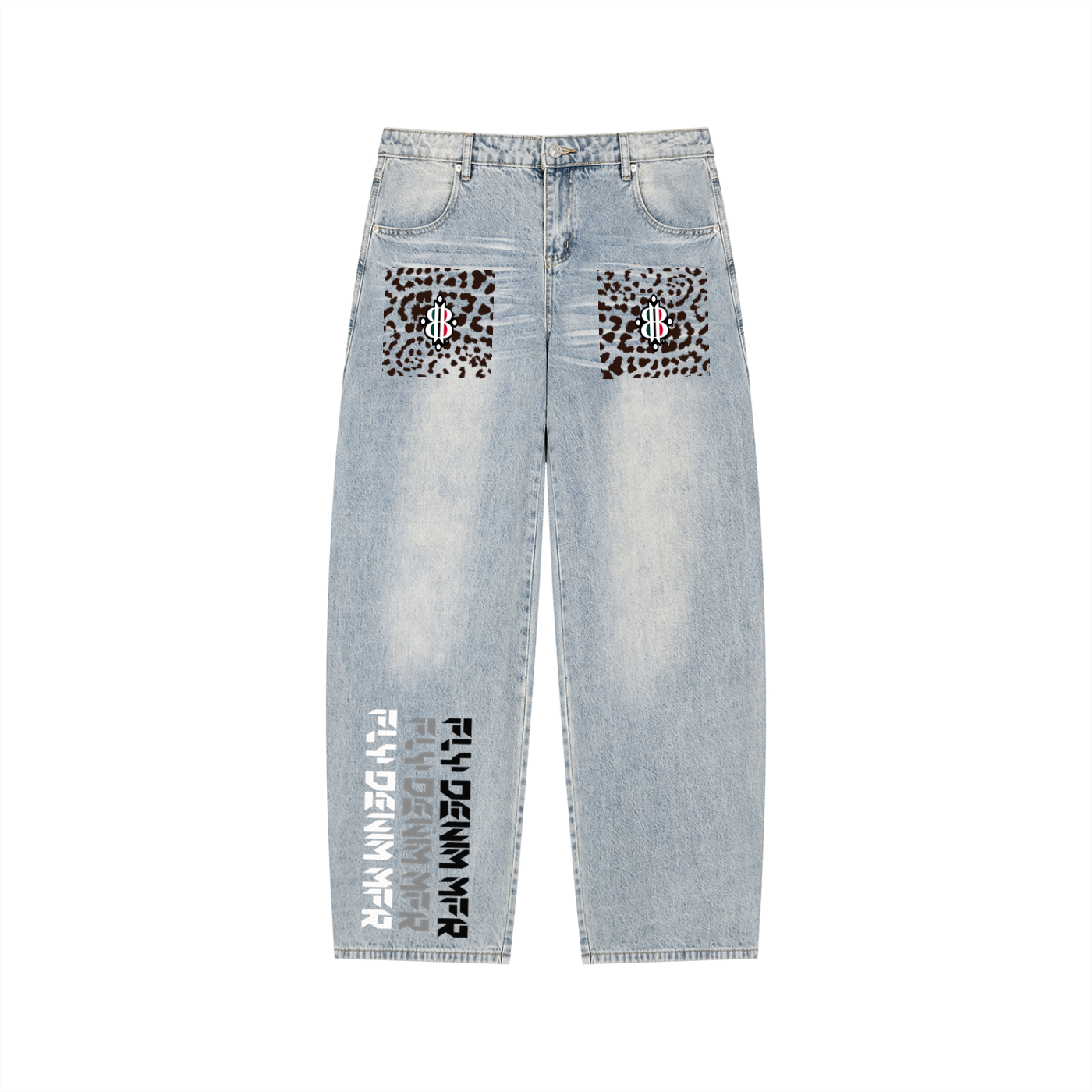 BOOJI ITALY "FLY DENIM MFR." WHITE WASH LEOPARD PRINT WIDE LEG JEANS