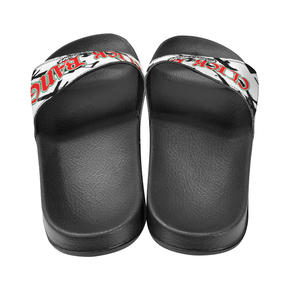 CLICK BANG COLLECTION WOMEN'S BLACK SOLE WHITE PATTERN SLIDES