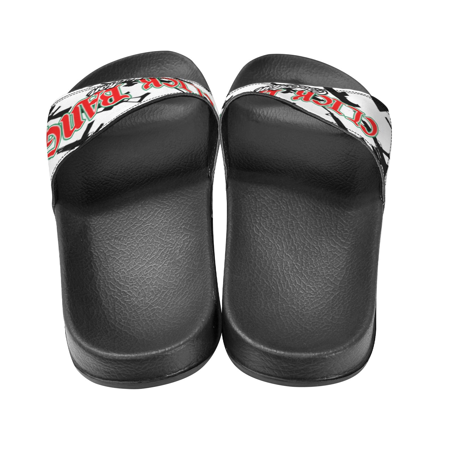 CLICK BANG COLLECTION WOMEN'S BLACK SOLE WHITE PATTERN SLIDES