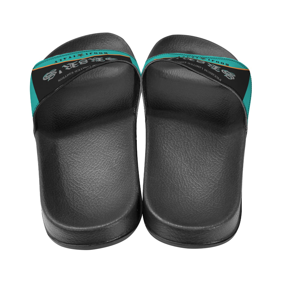 BOOJI ITALY SK8R'S COLLECTION LOGO MEN'S BLACK SOLE TEAL SLIDES Custom Men's One-piece Slippers
