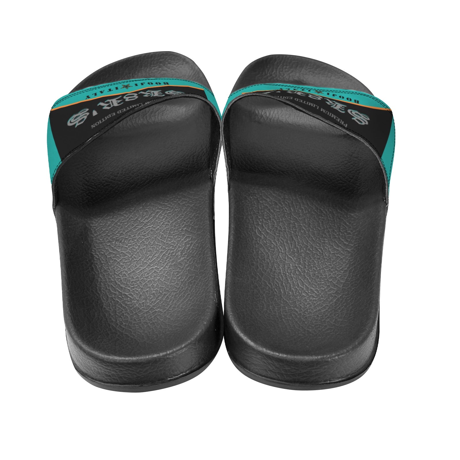 BOOJI ITALY SK8R'S COLLECTION LOGO MEN'S BLACK SOLE TEAL SLIDES Custom Men's One-piece Slippers