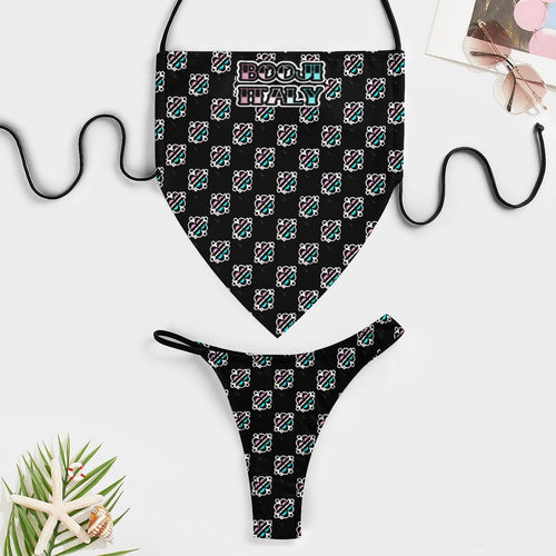 BOOJI ITALY 4 EVER $ LOGO PATTERN INVERTED WOMEN'S BLACK BIKINI SWIMSUIT