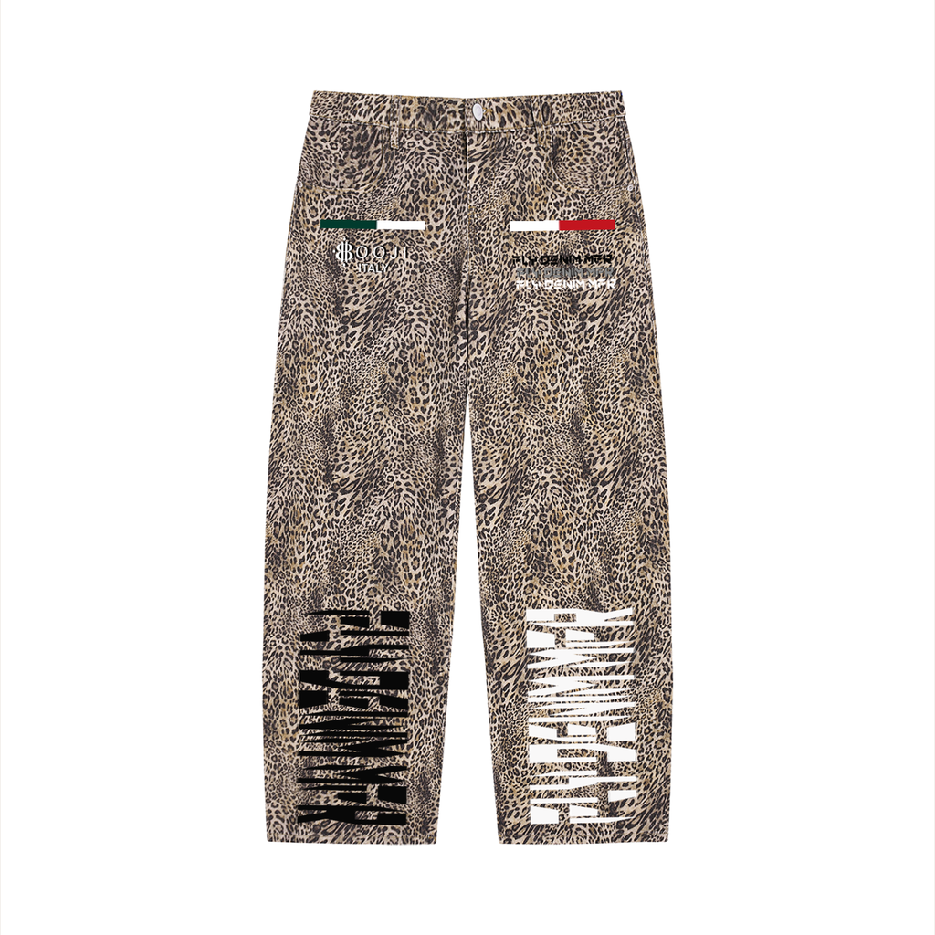 BOOJI ITALY "FLY DENIM MFR." VINTAGE WASHED LEOPARD PRINT WIDE JEANS