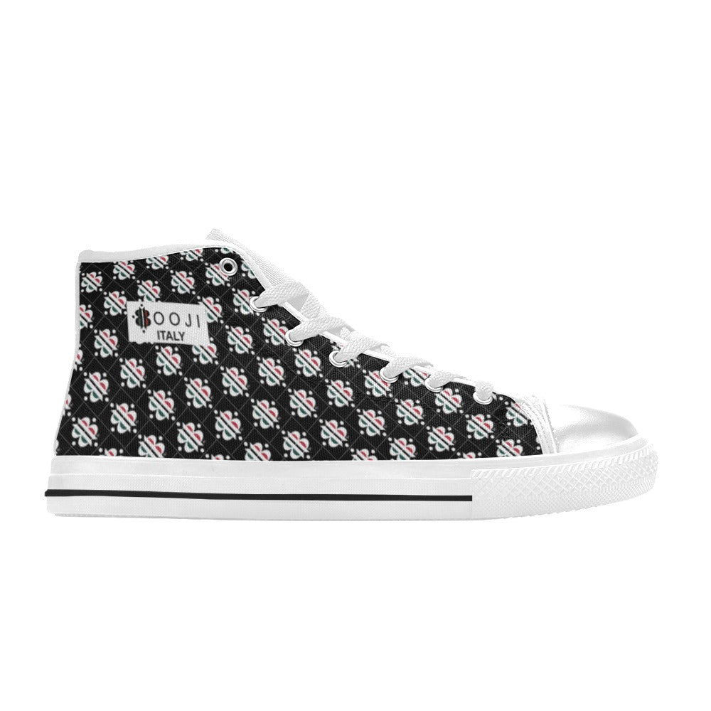 BOOJI LOGO PATTERN FLAG WHITE & BLACK Women's High Top Canvas Shoes (Modle 017)
