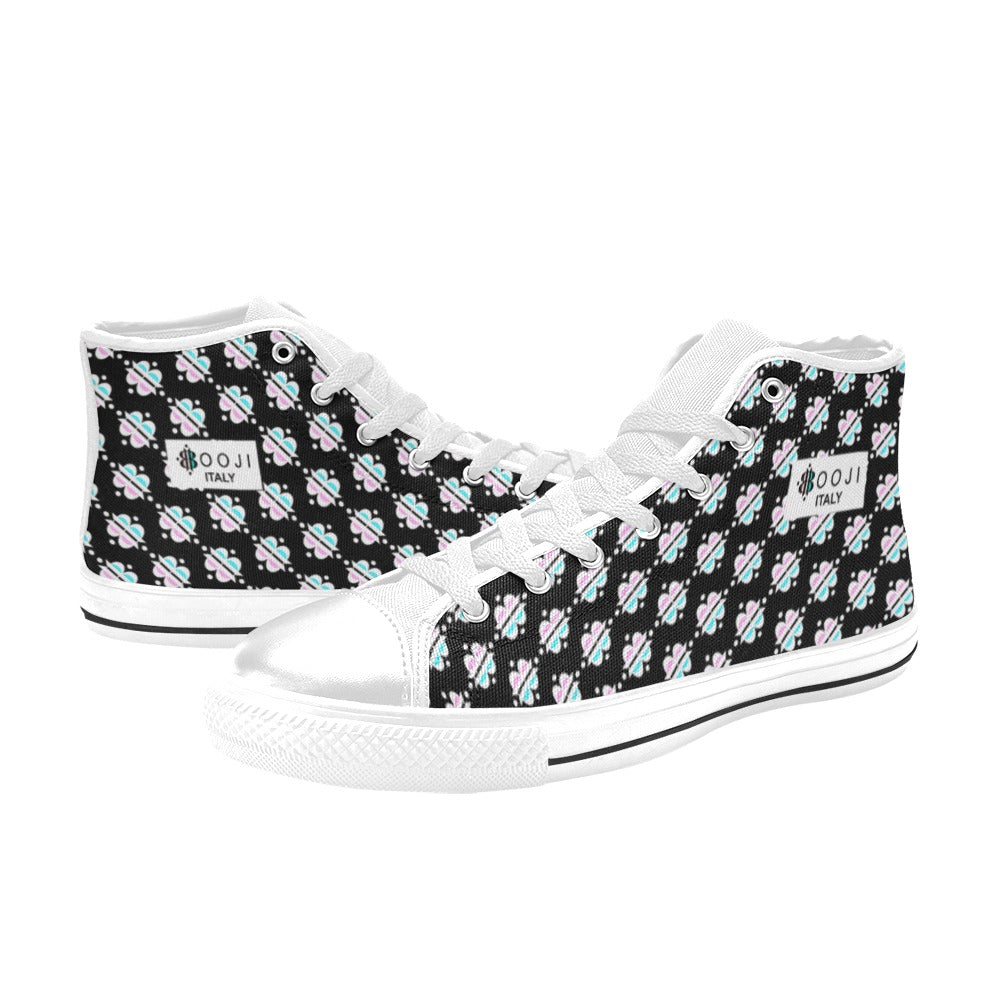 BOOJI INVERTED LOGO PATTERN FLAG WHITE & BLACK Women's High Top Canvas Shoes (Modle 017)