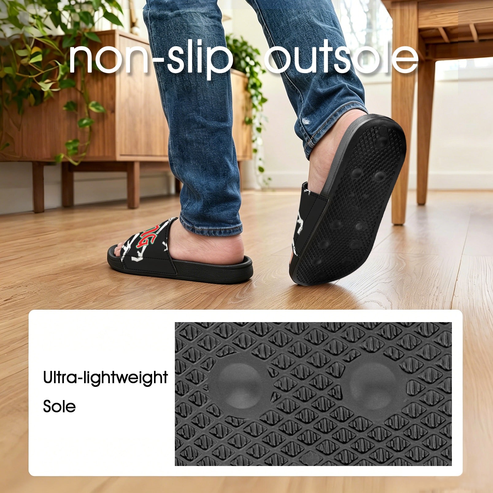 BOOJI ITALY CLICK BANG COLLECTION MEN'S BLACK SOLE BLACK PATTERN SLIDES Custom Men's One-piece Slippers