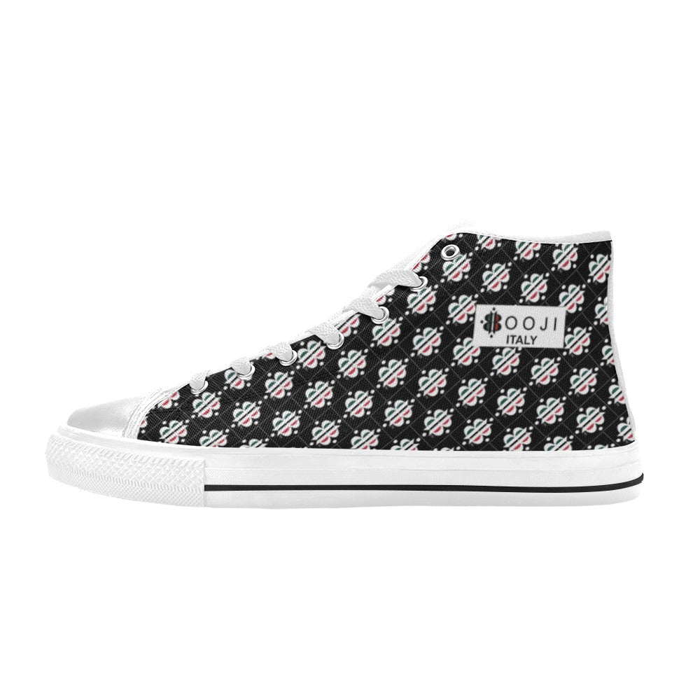 BOOJI LOGO PATTERN FLAG WHITE & BLACK Women's High Top Canvas Shoes (Modle 017)