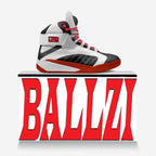 A high-top basketball sneaker in white, black, and red, displayed on top of a white block with large red 'BALLZI' lettering on the front, against a light gray background.