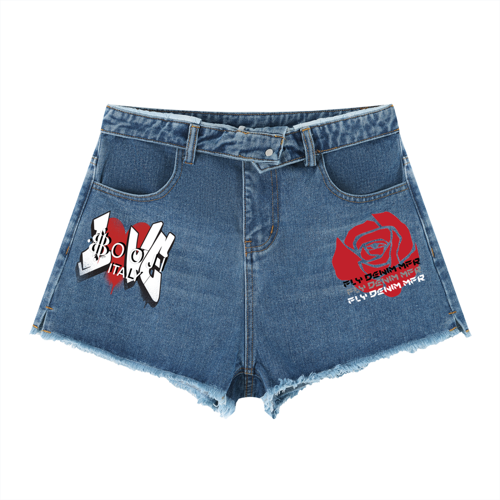 BOOJI ITALY "LOVE ROSE" LOGO WOMENS VINTAGE WASH HIGH RISE SHORTS