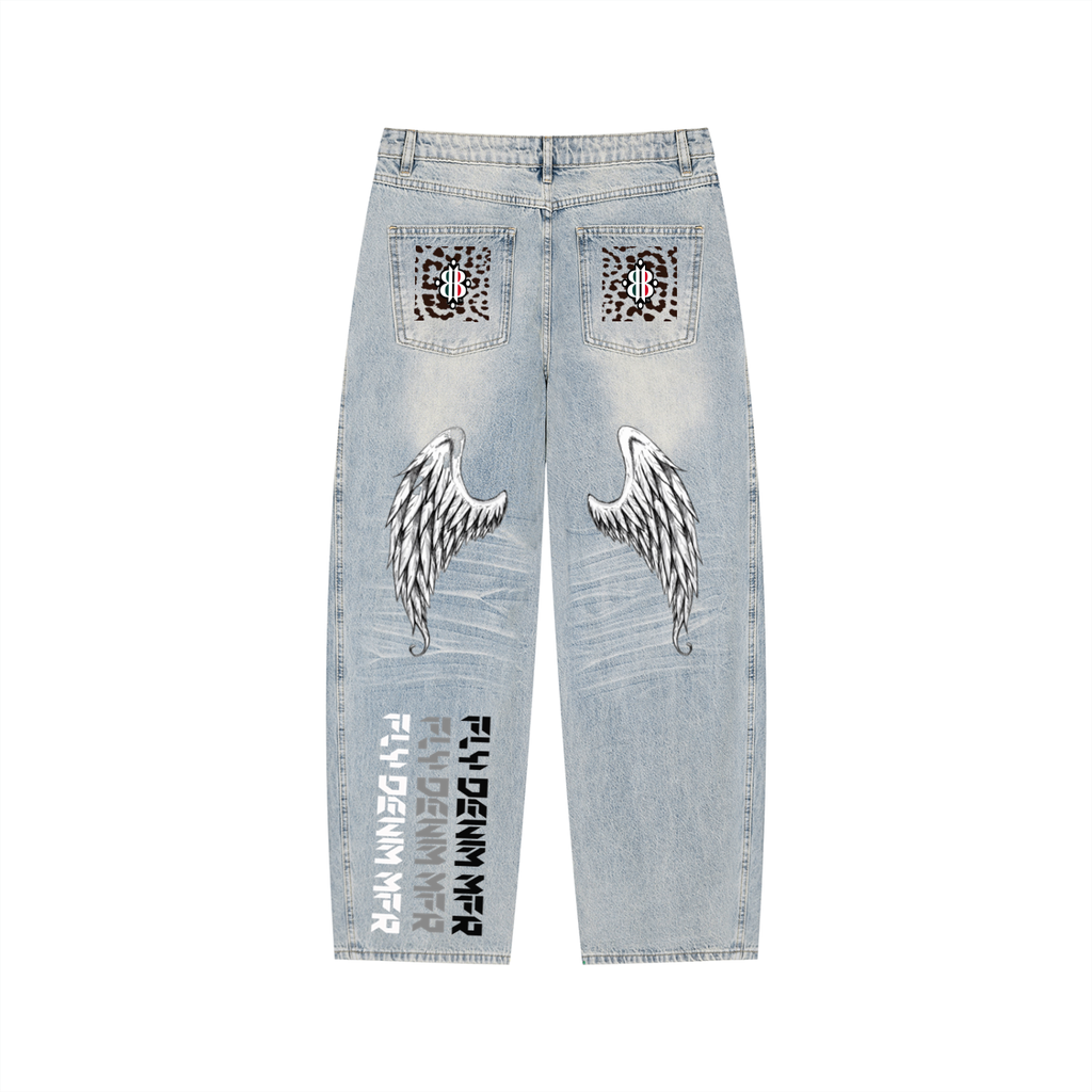 BOOJI ITALY "FLY DENIM MFR." WHITE WASH LEOPARD PRINT WIDE LEG JEANS