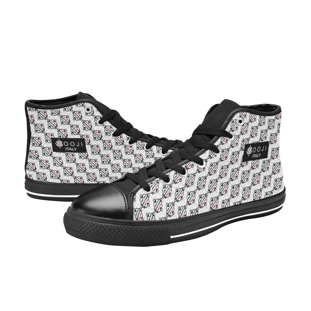 BOOJI LOGO PATTERN FLAG BLACK & WHITE Women's High Top Canvas Shoes (Modle 017)