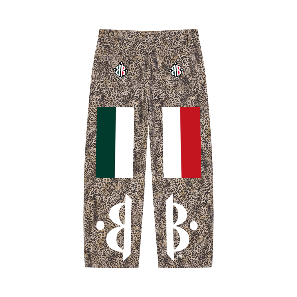 BOOJI ITALY "FLY DENIM MFR." VINTAGE WASHED LEOPARD PRINT WIDE JEANS