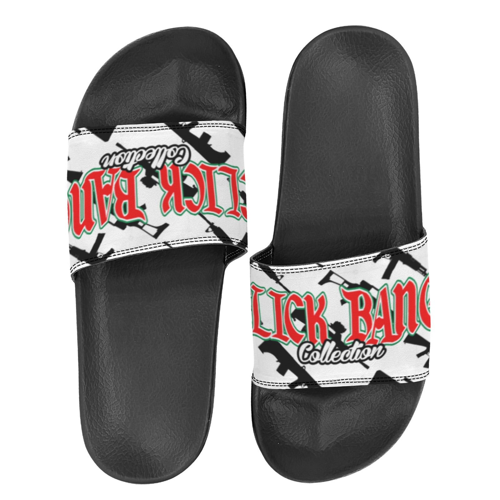 CLICK BANG COLLECTION WOMEN'S BLACK SOLE WHITE PATTERN SLIDES