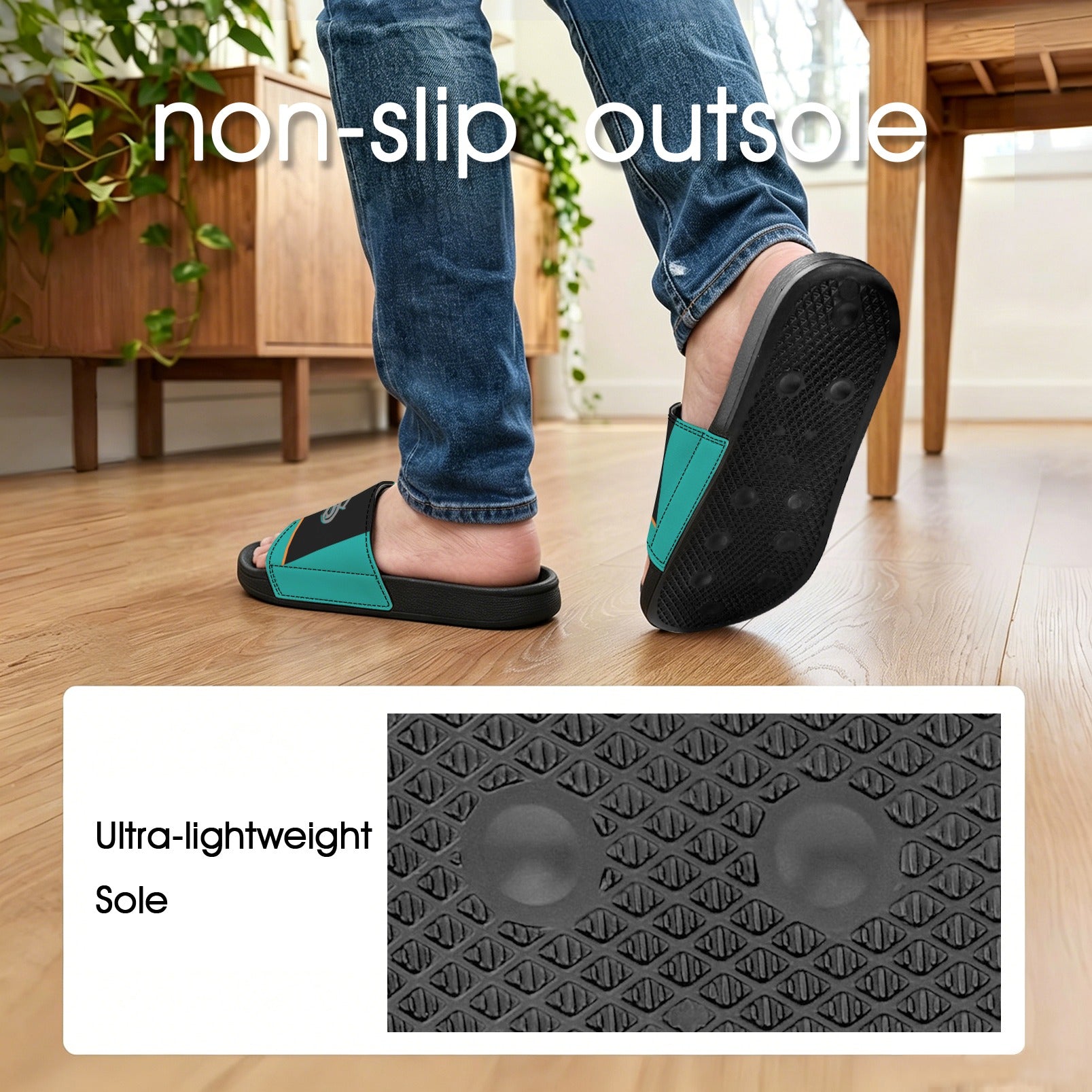 BOOJI ITALY SK8R'S COLLECTION LOGO MEN'S BLACK SOLE TEAL SLIDES Custom Men's One-piece Slippers
