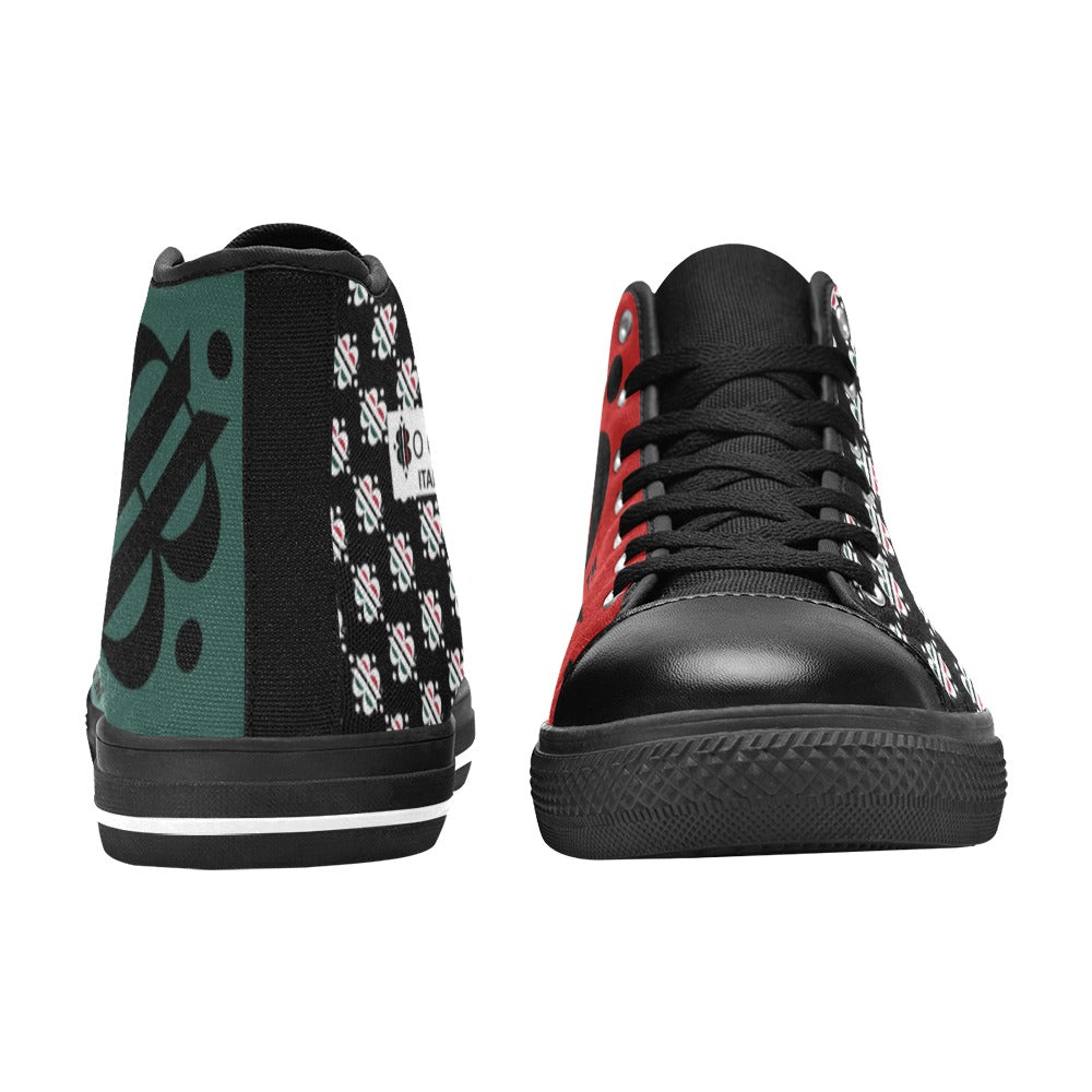 BOOJI LOGO PATTERN FLAG DOUBLE BLACK Women's High Top Canvas Shoes (Modle 017)