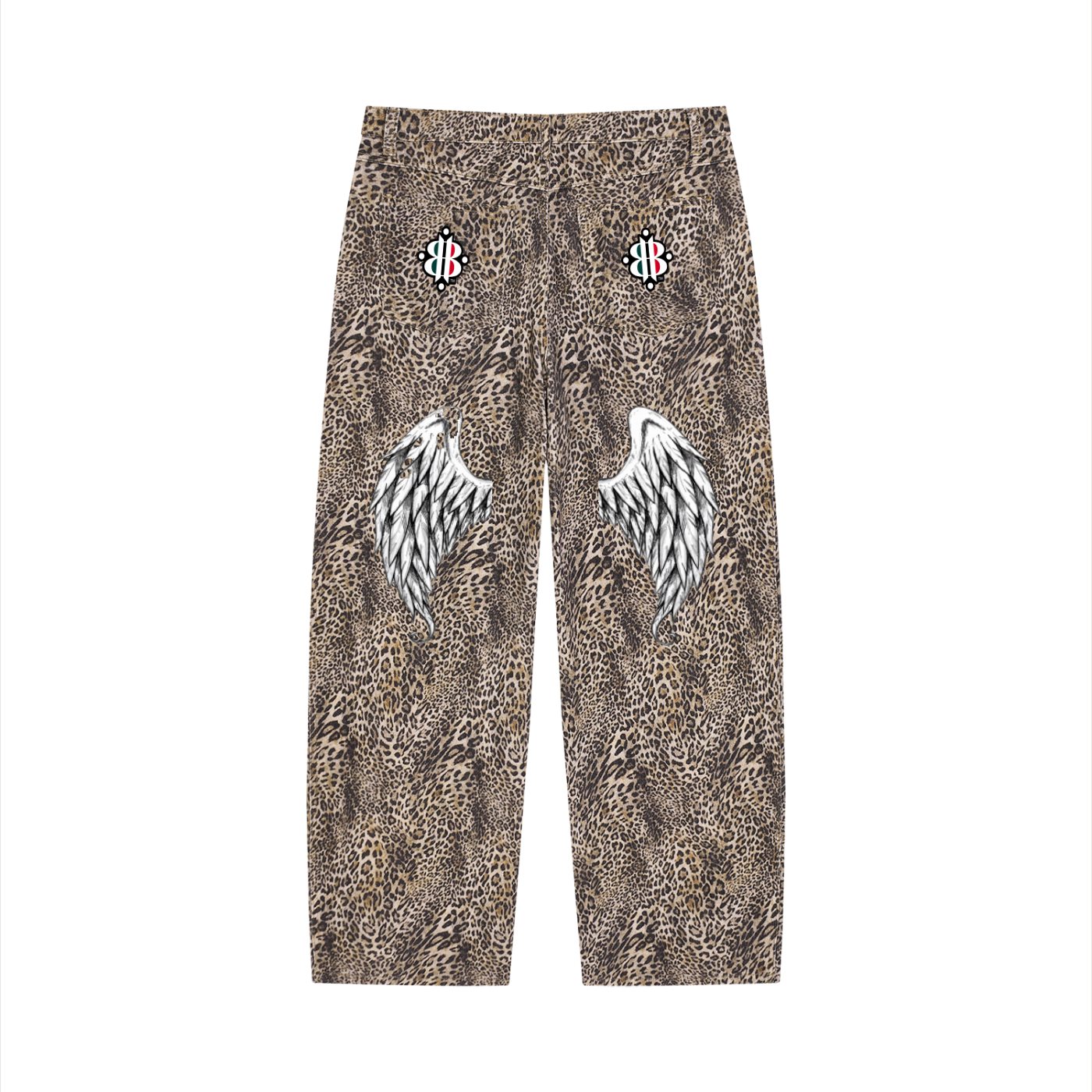 BOOJI ITALY FLY DENIM MFR. VINTAGE WASHED LEOPARD PATTERN WIDE LEG JEANS
