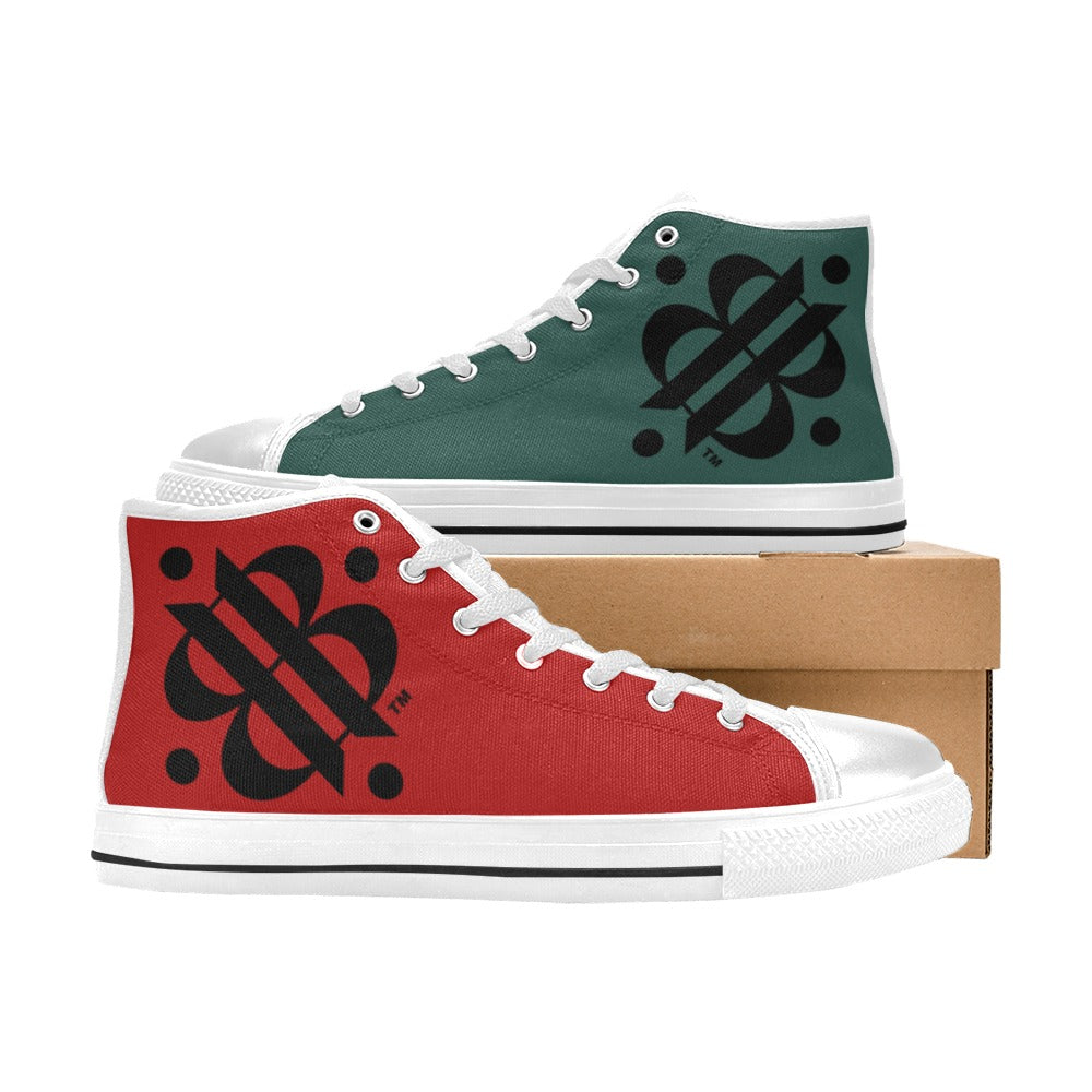 BOOJI LOGO PATTERN FLAG WHITE & BLACK Women's High Top Canvas Shoes (Modle 017)