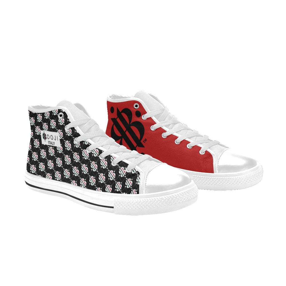 BOOJI LOGO PATTERN FLAG WHITE & BLACK Women's High Top Canvas Shoes (Modle 017)